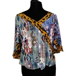 Umgee Top Aztec Leopard Print Mixed Media V-neckline Ruched Blouse